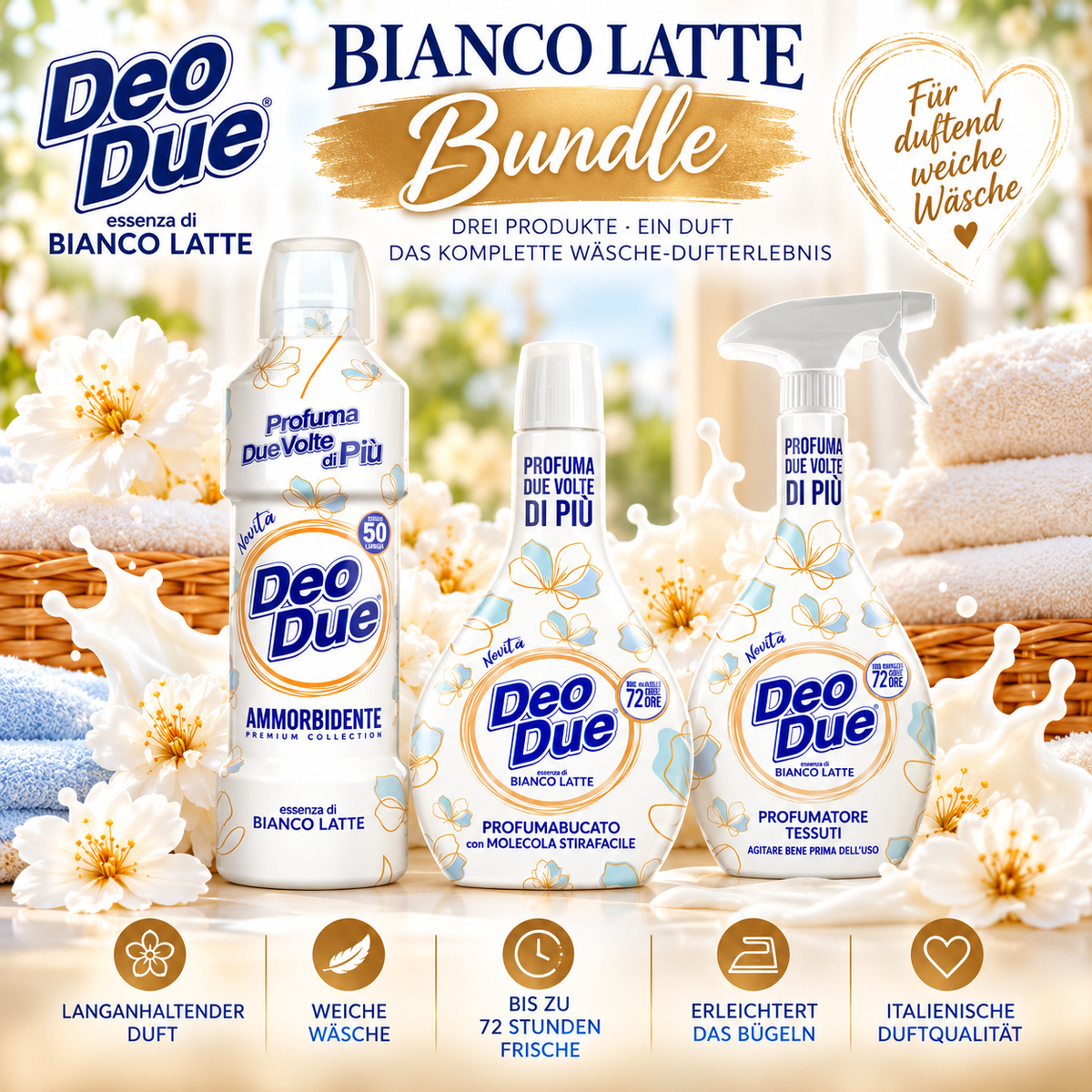 Deo Due Bianco Latte – 3-teiliges Wäsche-Duft-Bundle
